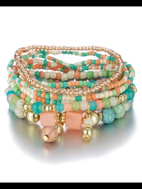 Jewelry - Turquoise & Peach Multi-Strand Beaded Wrap Bracelet
